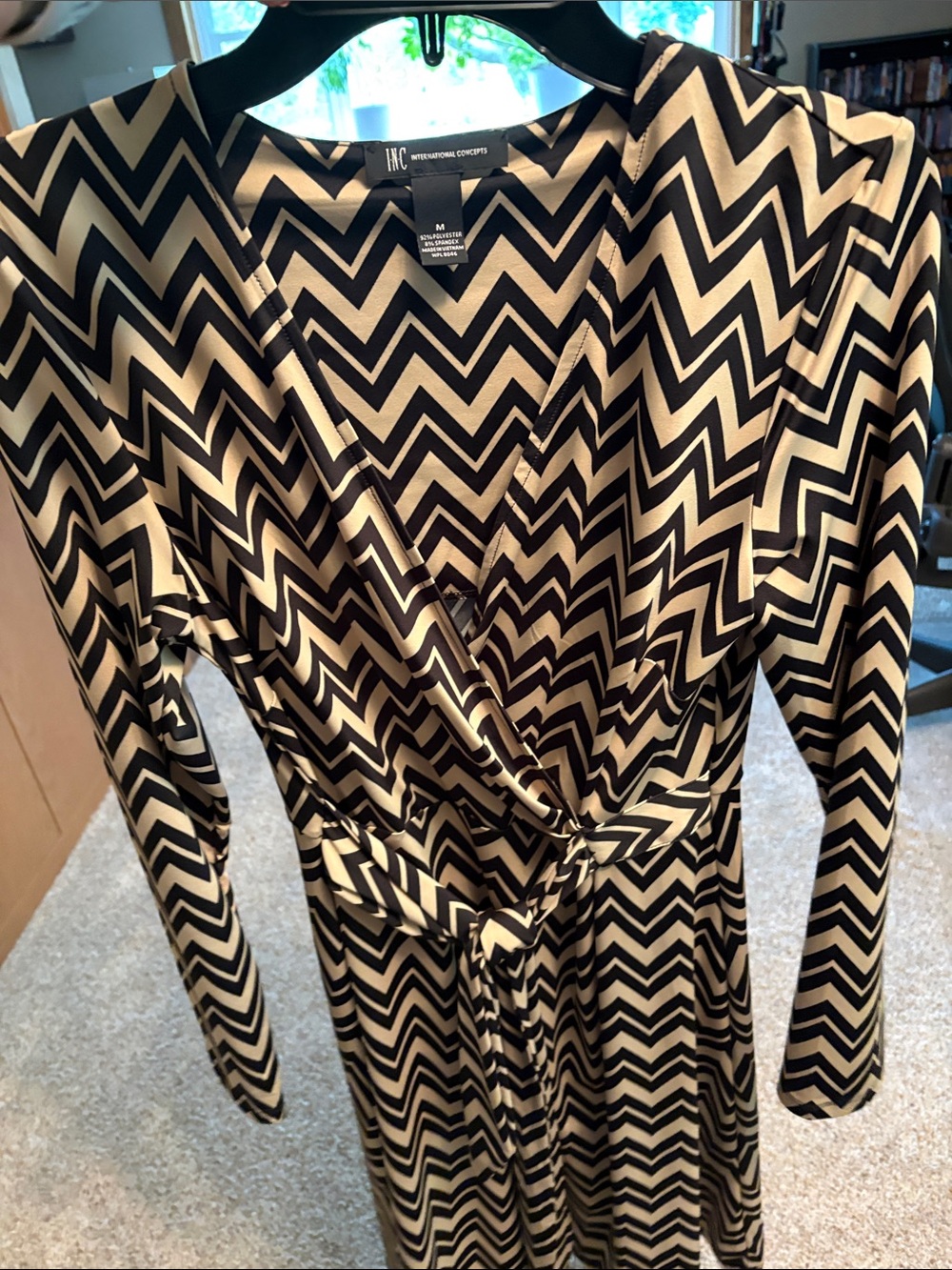 INC International Concepts Black and Cream Chevron Wrap Dress